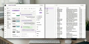 A split-screen visual showing a cluttered email inbox with thousands of unread messages on the left, contrasted with a clean, highly visible WhatsApp chat interface on the right